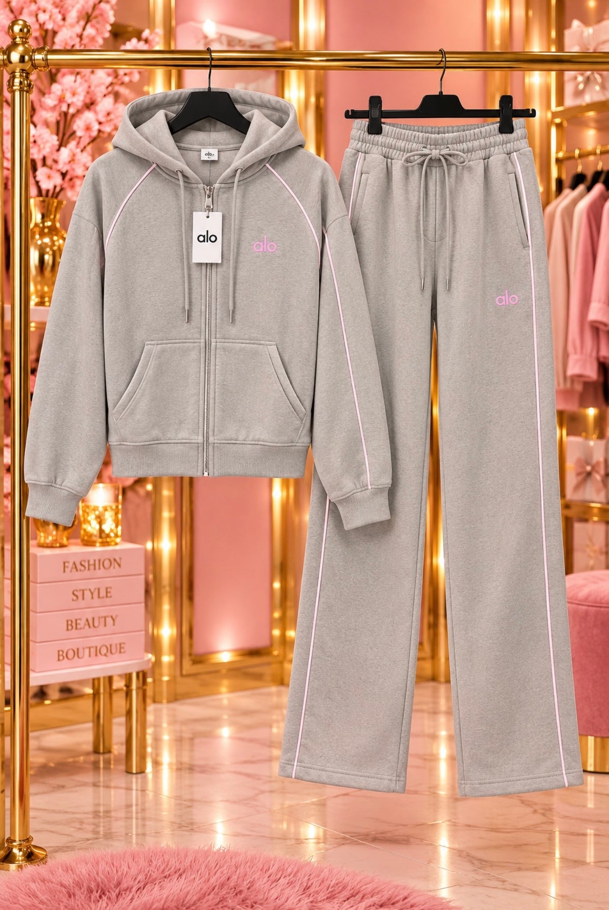 Grey ALO Tracksuit W/ Pink Logo